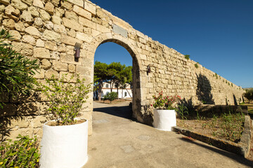 Fototapeta na wymiar isla del Lazareto, muralla interior, Illa del Llatzeret, interior del puerto de Mahón, Menorca, balearic islands, Spain