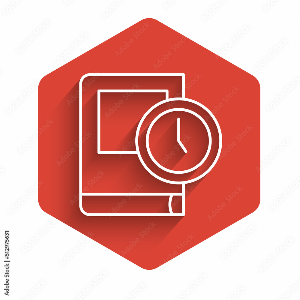 Poster white line time for book icon isolated with long shadow. red hexagon button. vector