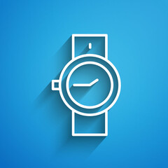 White line Wrist watch icon isolated on blue background. Wristwatch icon. Long shadow. Vector