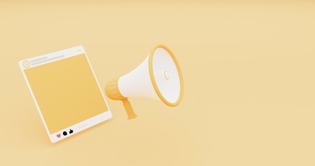 Social media Post information, megaphone announces notification banner sign megaphone on yellow background with copy space. 8k high resolution JPEG 3d illustration