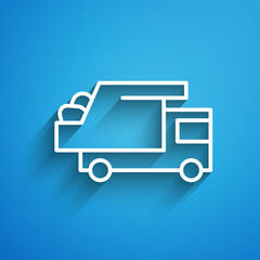 White line Garbage truck icon isolated on blue background. Long shadow. Vector