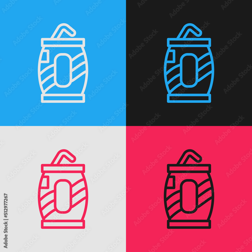 Poster Pop art line Soda can with drinking straw icon isolated on color background. Vector