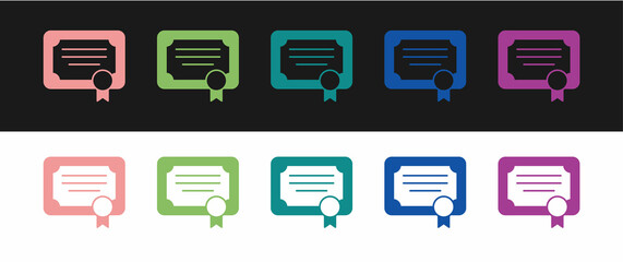 Set Certificate template icon isolated on black and white background. Achievement, award, degree, grant, diploma concepts. Vector