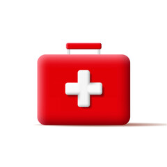 Obraz premium 3d icon of emergency aid kit, red briefcase with white cross. Vector illustration