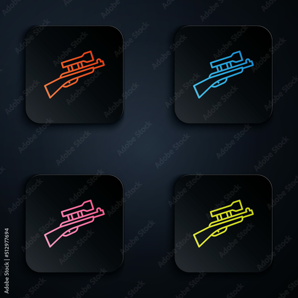 Poster color neon line sniper rifle with scope icon isolated on black background. set icons in square butto