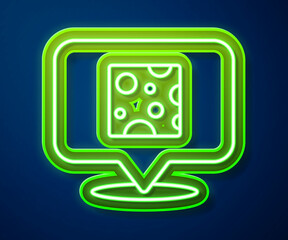 Glowing neon line Cheese icon isolated on blue background. Vector