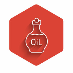 White line Essential oil bottle icon isolated with long shadow background. Organic aromatherapy essence. Skin care serum glass drop package. Red hexagon button. Vector