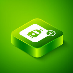 Isometric Online ticket booking and buying app interface icon isolated on green background. E-tickets ordering. Electronic train ticket on screen. Green square button. Vector