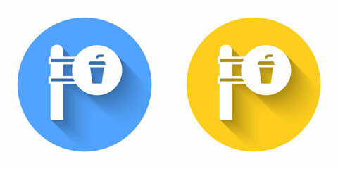 White Cafe and restaurant location icon isolated with long shadow background. Fork and spoon eatery sign inside pinpoint. Circle button. Vector.