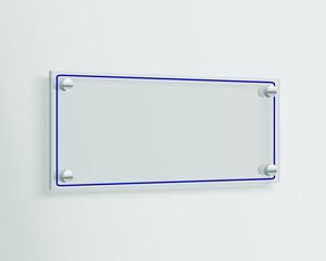 Glass signage mock up. Transparent rectangle acrylic sign template for design. Blank branding display with copy space. 3d vector illustration.