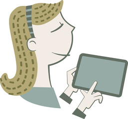 Young woman with a tablet. Retro style banner with a young woman talking on a tablet.