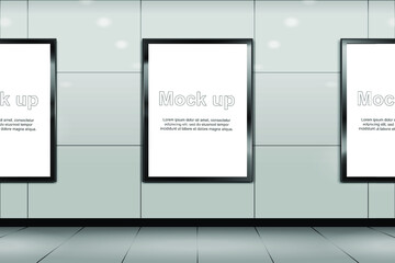 3d vertical signage mock up. Blank billboard located in underground hall or subway for advertising template design. Realistic frame with copy space. isolated vector illustration.