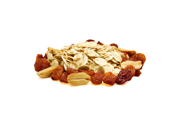 Oatmeal flakes mixed with nuts and raisins close up isolated on white background