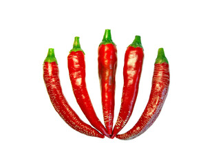 A group of red chilli peppers, a top view of a group of fresh red chilli peppers isolated on white...