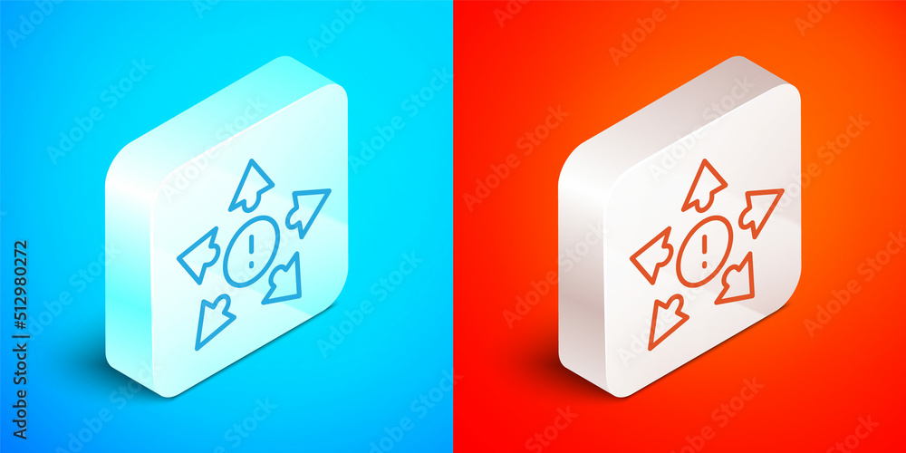 Poster isometric line many ways directional arrow icon isolated on blue and red background. silver square b