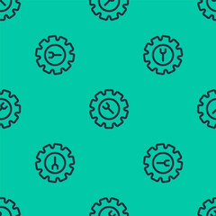 Blue line Wrench and gear icon isolated seamless pattern on green background. Adjusting, service, setting, maintenance, repair, fixing. Vector