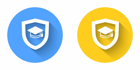 White Graduation cap with shield icon isolated with long shadow background. Insurance concept. Security, safety, protection, protect concept. Circle button. Vector