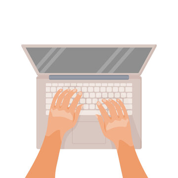 Vector hands at work on a laptop keyboard with an empty monitor screen. Workplace, works remotely, online training, online shopping. illustration on a white background.