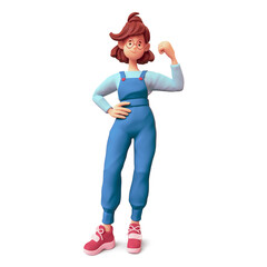 Cute casual kawaii funny smiling brunette girl wears blue overalls red sneakers stands shows powerful muscle on her arm posing making strong gesture. We Can Do It. 3d render isolated on white backdrop