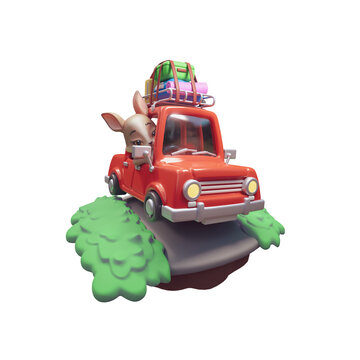 Funny hare is driving red car with blue yellow suitcase, yoga mat strapped to steel roof rack. Car jumps on the road with green grass on sides floating in the air. 3d render isolated on white backdrop