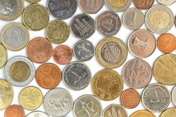  different countries coins on white background