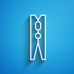 White line Old wood clothes pin icon isolated on blue background. Clothes peg. Long shadow. Vector