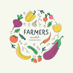 Fruits and vegetables in a circle around the word farmers. Vector illustration of organic food. Drawing for a poster, business card or background.
