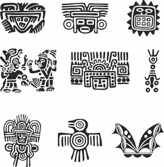 Fototapeta premium Vector set of monochrome Indian symbols. National ornament of native americans, aztecs, maya, incas.