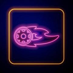 Glowing neon Wheel in fire flame icon isolated on black background. Burning wheel. Vector