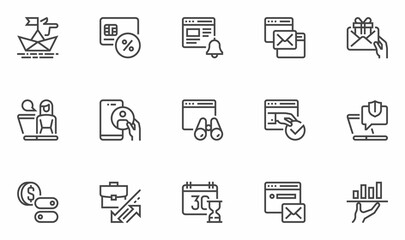 Business Related Vector Line Icons Set. Digital Business, Financial Services, Solution for Customers. Editable Stroke.