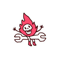 Burning skull mascot character sitting on wrench, illustration for t-shirt, street wear, sticker, or apparel merchandise. With retro, and cartoon style.
