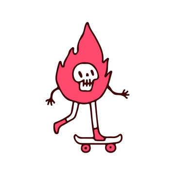 Fire skull mascot character riding skateboard, illustration for t-shirt, street wear, sticker, or apparel merchandise. With retro, and cartoon style.