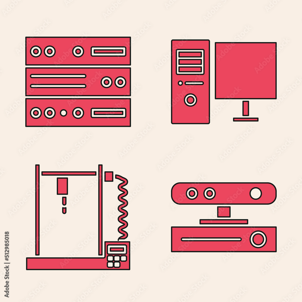 Poster set motion sensor, server, data, web hosting, computer monitor and 3d printer icon. vector