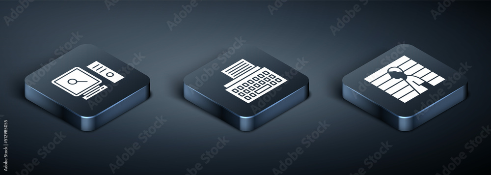 Poster set isometric search on computer screen, suspect criminal and retro typewriter icon. vector