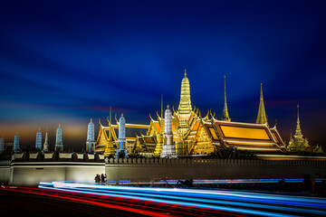 Wat Phra Kaew (The Emerald Buddha Temple) and the Grand Palace scenery twilight at night, Bangkok,...