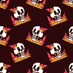 Trendy burning skull on black background seamless pattern. Modern vintage, pop art style seamless pattern concept.