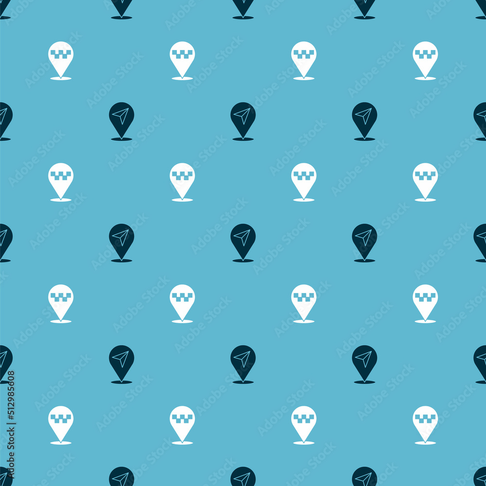 Poster set location and with taxi on seamless pattern. vector