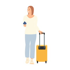 Happy young woman holding passport and suitcase in her hands. Traveller. Flat vector illustration.