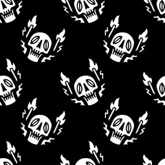 Sketchy skull and fire on black background seamless pattern. Modern vintage, pop art style seamless pattern concept.