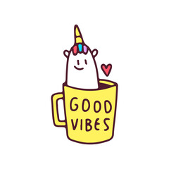 Cute unicorn inside a cup of coffee, illustration for t-shirt, street wear, sticker, or apparel merchandise. With retro, and cartoon style.