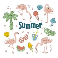 Set of colorful summer elements with pink flamingo isolated Set of cute summer icons. Hand drawn illustration. Flamingo, tropical palm leaves,ice cream, food, drinks. Summertime poster, scrapbooking