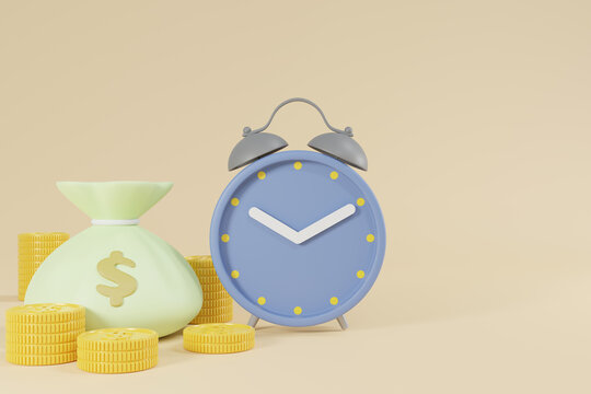 3D rendering dollar coins and money bag with alarm clock, Copy space