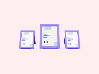 Modern Photo frame mockup realistic 3d model. Purple empty photo frame mock up in pink background. Vertical Portrait size photo frame mockup for family picture. 
3D rendered Illustration