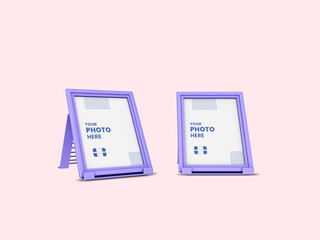 Fototapeta premium Modern Photo frame mockup realistic 3d model. Purple empty photo frame mock up in pink background. Vertical Portrait size photo frame mockup for family picture. 3D rendered Illustration
