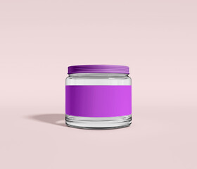Glass jar Mockup for label design. 3d realistic transparent glass and plastic jar. Purple color Mock-up for product package branding. 3D rendered Illustration.