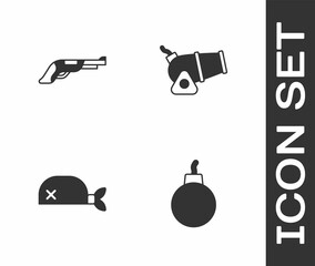 Naklejka premium Set Bomb ready to explode, Vintage pistol, Pirate bandana for head and Cannon icon. Vector