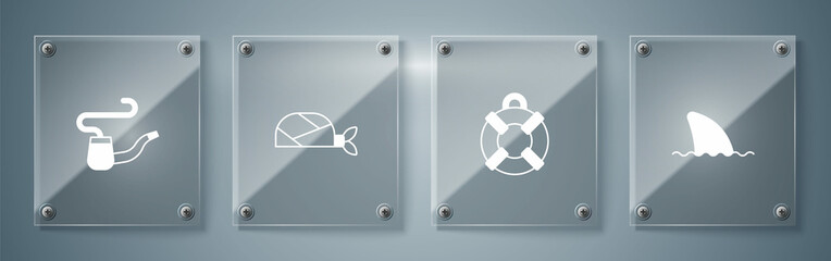 Set Shark fin in ocean wave, Lifebuoy, Pirate bandana for head and Smoking pipe. Square glass panels. Vector
