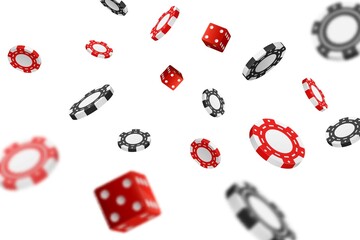Vector illustration, casino background with casino chips game dice on white background. 3d background for casino games