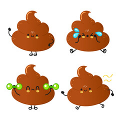 Funny cute happy poop characters bundle set. Vector hand drawn doodle style cartoon character illustration icon design. Cute turd mascot character collection
