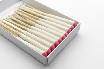 A set of hunting matches in the box for lighting a fire in camping conditions. Special matches for burning in the rain and strong wind. Selective focus